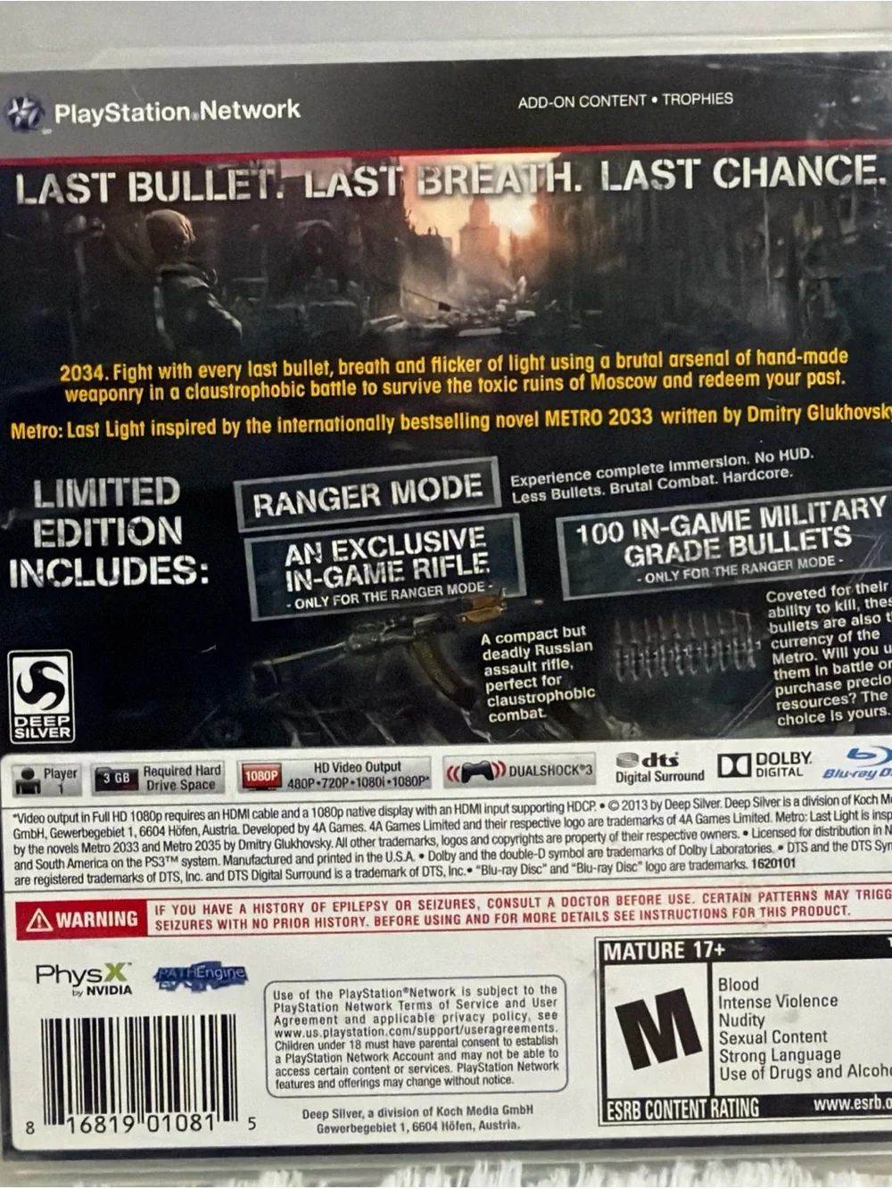 Metro: Last Light Limited Edition - PlayStation 3 includes manual